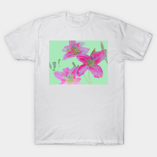 Pink Lily Flowers floral Watercolor Painting Mint Green T-Shirt by SarahRajkotwala